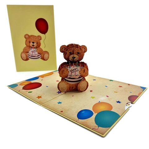 Pop Up Card : Teddy Holding Birthday Cake
